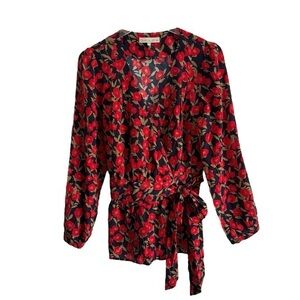 THE CAUSE COLLECTION SILK RED NAVY FLORAL BLOUSE TOP SZ S NWOT